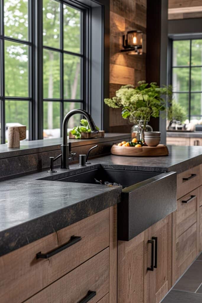 kitchen showcasing Sleek and Seamless with Undermount Sinks. The image should feature undermount sinks complementing the clean lines of black granite countertops, creating a visually uninterrupted surface. The design should emphasize ease of cleaning and a modern aesthetic, perfect for those who appreciate a functional yet beautiful kitchen space
