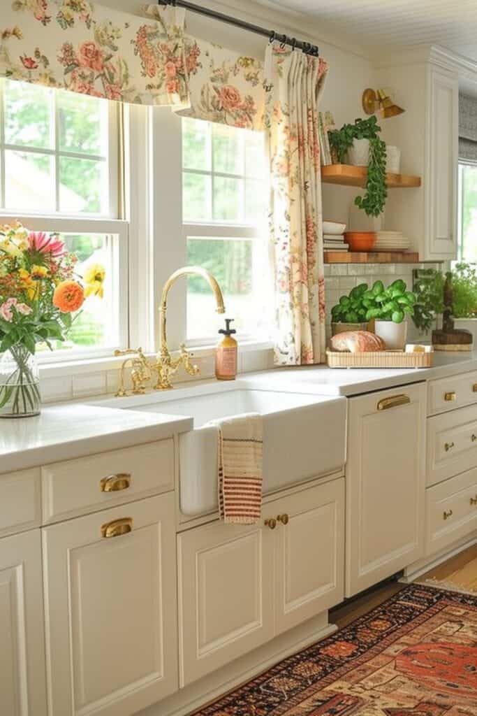 kitchen showcasing Curtain Chic, with sheer linen curtains over open shelves or windows, and patterned curtains adding a pop of color or defining spaces. The kitchen should radiate a soft, romantic look, creating a light, airy atmosphere that adds a cozy and inviting touch to the space