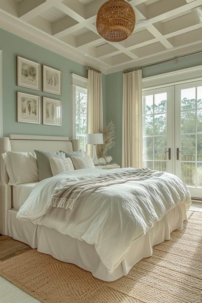 master bedroom with a soothing, peaceful color scheme featuring cool toned blues, greens, greys, and violets in lighter values. Include a pale slate blue, soft fern green, or ethereal shades of lavender and lilac on the walls in flat or eggshell paint finishes. Pair these hues with crisp white woodwork and ceilings, and layer in cream, beige, and grey tones through natural fiber bedding, area rugs, and drapery