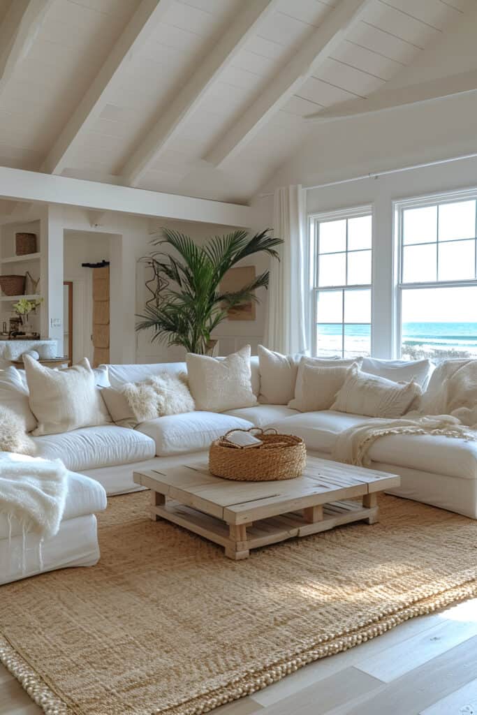 Sun-kissed coastal living room with light wooden floors, minimalist decor, and white furnishings.