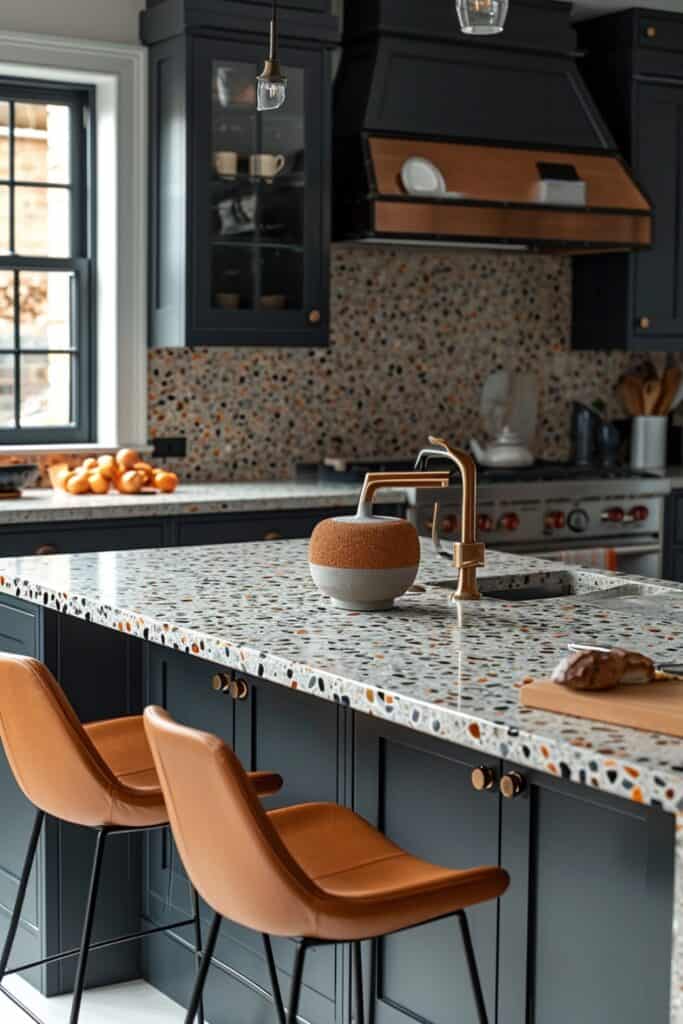 kitchen featuring Terrazzo Twists, with bold geometric patterns or playful color pops in countertops, backsplashes, or flooring. The image should illustrate the modern twist on classic terrazzo, using sustainable options like recycled glass or terrazzo fragments, adding a unique, eco-friendly touch