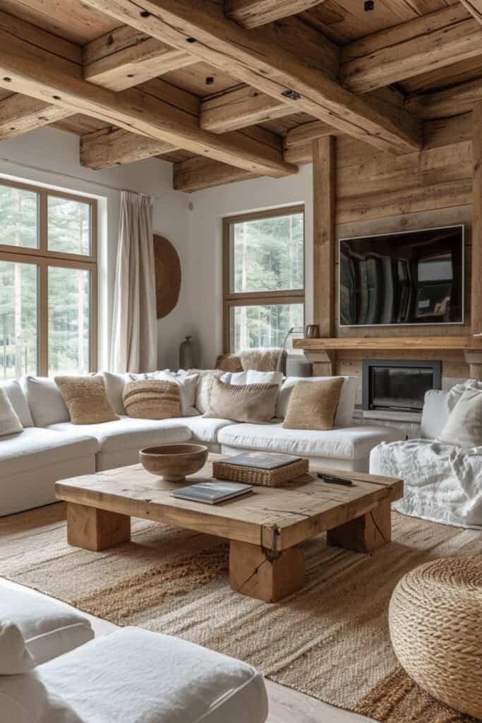 modern living room with textural wood accents. Feature an elongated console or media unit, exposed ceiling beams or a wooden architectural portal frame, a live-edge dining table, and wood-framed mirrors or artwork. The space should feel grounded with rustic warmth and feature different wood tones, from light Scandi-style oak to darker walnuts and teaks