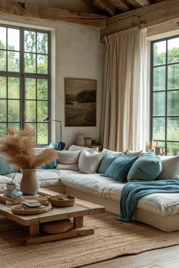 modern living room with a sophisticated single-color palette. Layer shades of a single color like light blue, navy, denim, and sky blue, or rich emerald green, mint, and sage green. Include complementary textures across soft furnishings like linen curtains, nubby rugs, and velvet pillows. The minimalist aesthetic should shine through the tonal color scheme