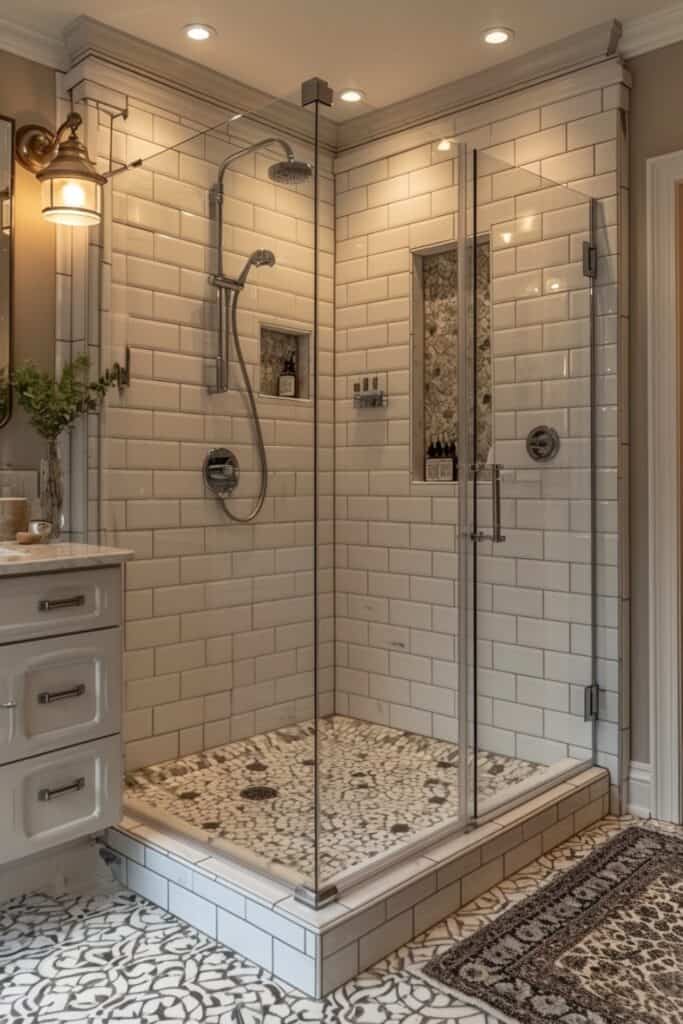 Traditional small bathroom with a walk-in shower, white subway tiles, and mosaic tile floor