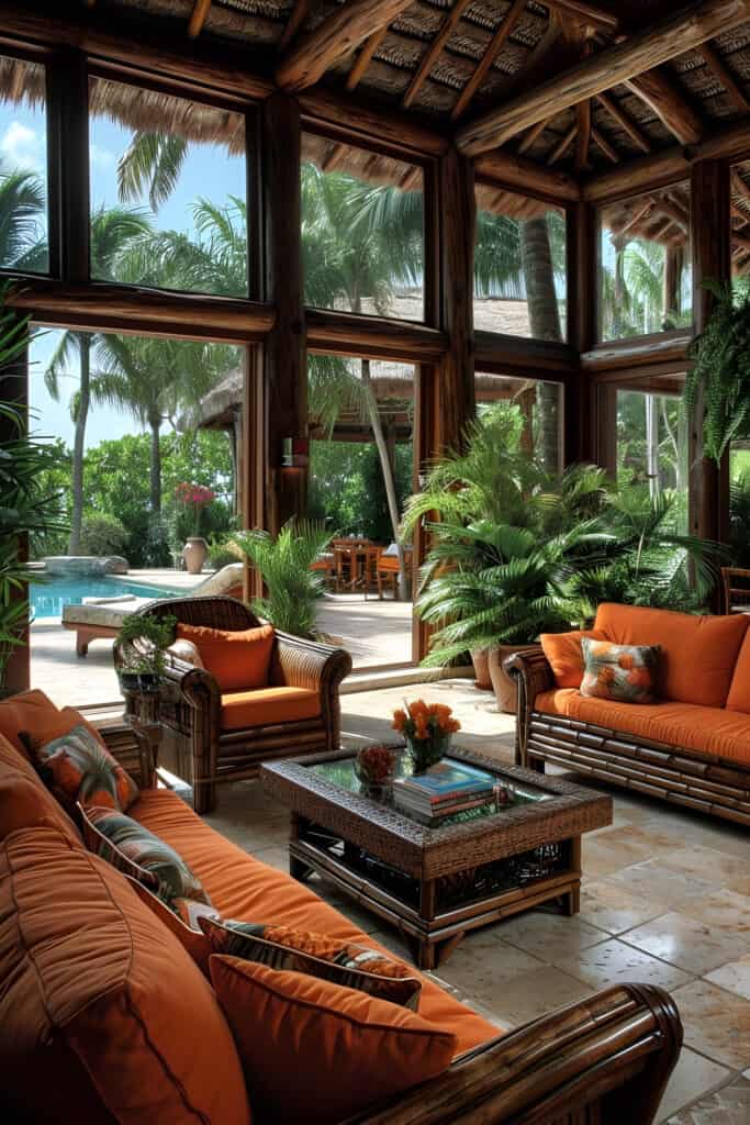 Beach house living room with tropical theme, indoor plants, and bamboo furniture