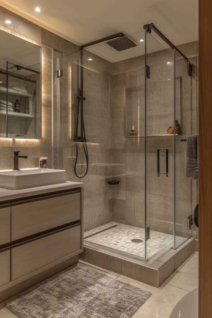 Ultra-modern walk-in shower in a small bathroom with geometric pattern tiles and sleek fixtures