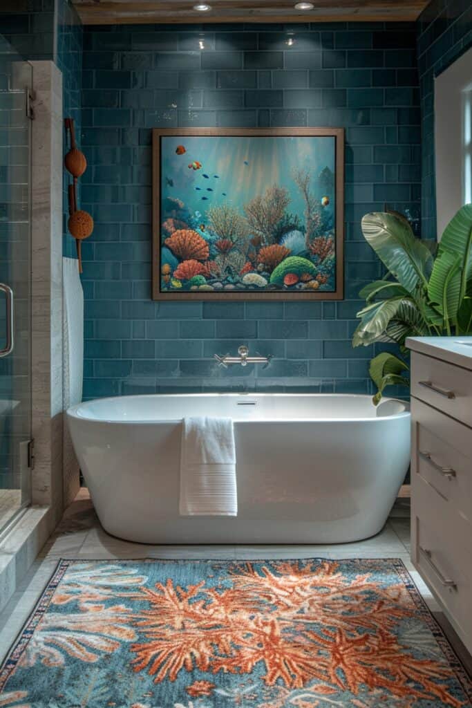 a bathroom transformed into an Underwater Escape with calming hues of blue and green, elegant seashell accents, nautical artwork depicting the deep sea, and a shower curtain showcasing vibrant coral reefs or tropical fish. The design should create a soothing oceanic ambiance and add a splash of color and adventure, with blue and green tones mimicking the tranquil ocean environment
