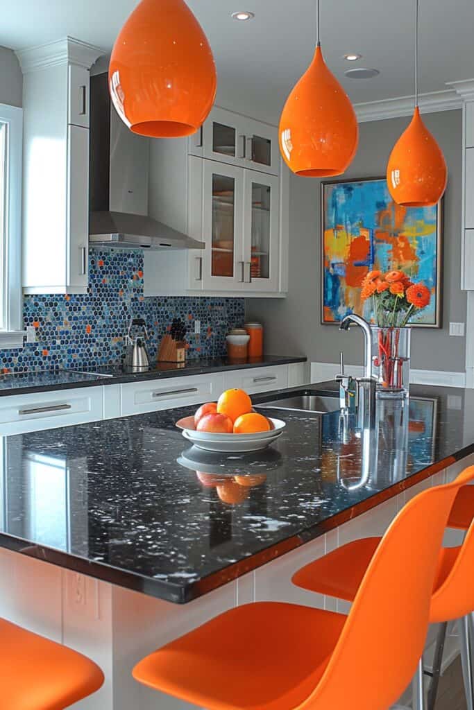 Unexpected Pops of Color against black granite countertops. The image should highlight vibrant elements like bright bar stools, colorful artwork, or a statement vase with fresh flowers. These colorful accents should create an exciting and dynamic space, breaking the monochrome and adding a touch of playfulness to the sophisticated kitchen setting