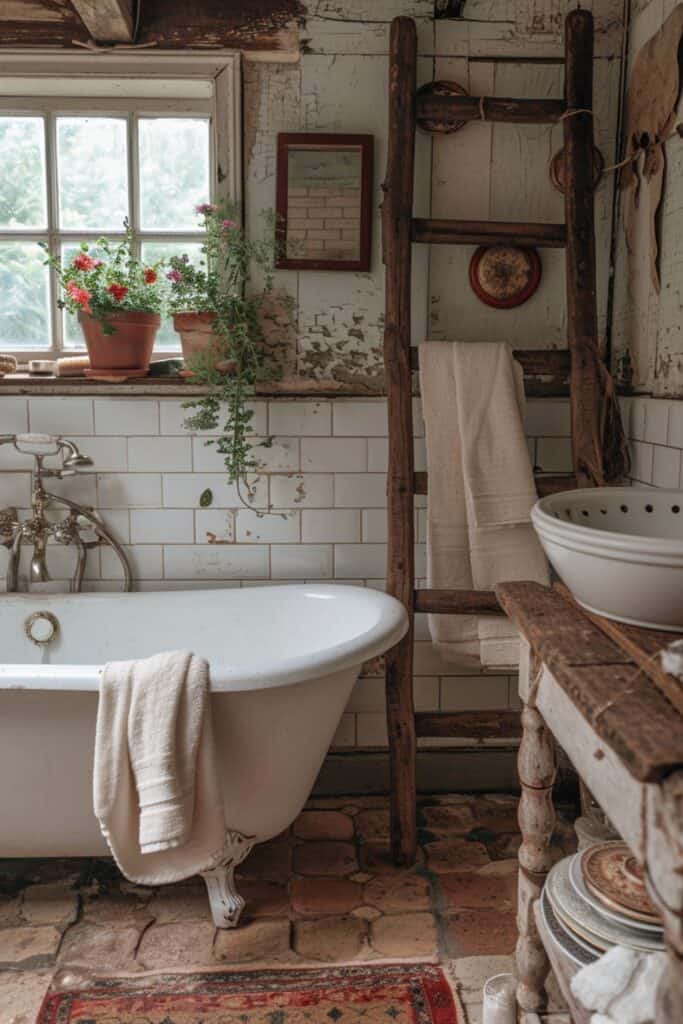 a bathroom exemplifying Upcycled Elegance. The scene should feature an old wooden ladder repurposed as a chic towel rack, adding both function and rustic charm. There should be mismatched teacups serving as quaint toothbrush holders, and antique mirrors mounted on the walls, reflecting the room's unique character. The atmosphere should convey a blend of sustainable style and vintage charm, with each upcycled item telling a unique, personal story