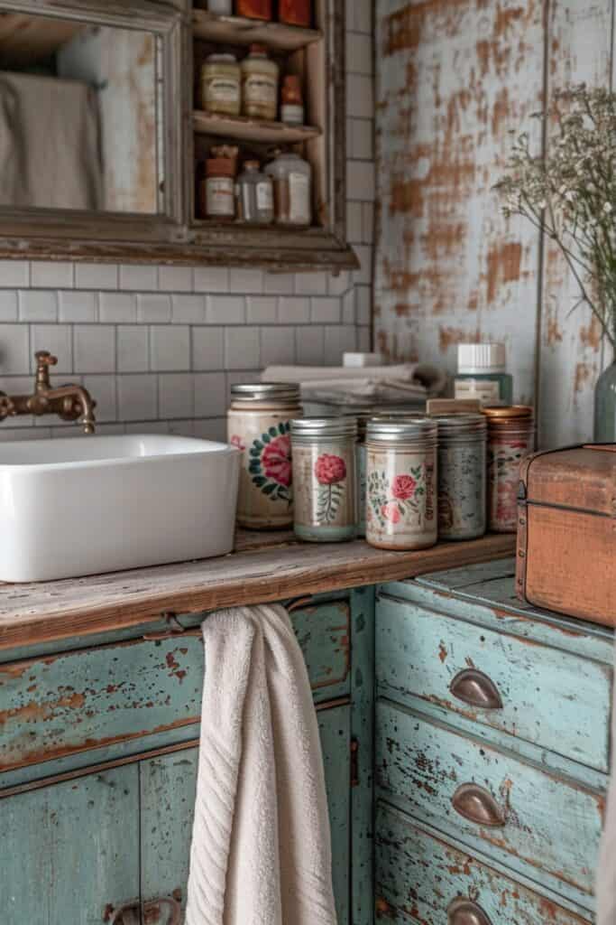 a bathroom featuring Upcycled Treasures, with old tin cans as toothbrush holders, decorated mason jars for storage, and vintage suitcases as towel stands. The design should combine rustic charm with eco-friendly design, each upcycled item adding a unique and warm character to the bathroom