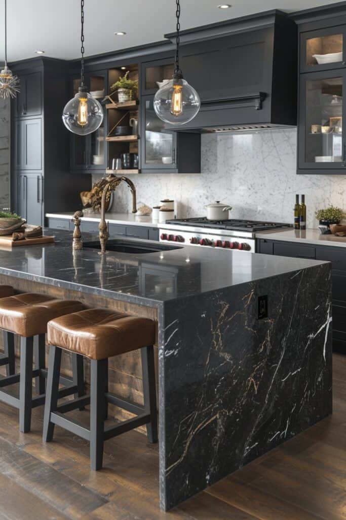 white marble veining, whether in a waterfall island edge, a statement backsplash mural, or open shelving accents. The overall feel should be a harmonious balance between sophistication and timeless design, showcasing the seamless integration of marble and granite in a modern kitchen setting