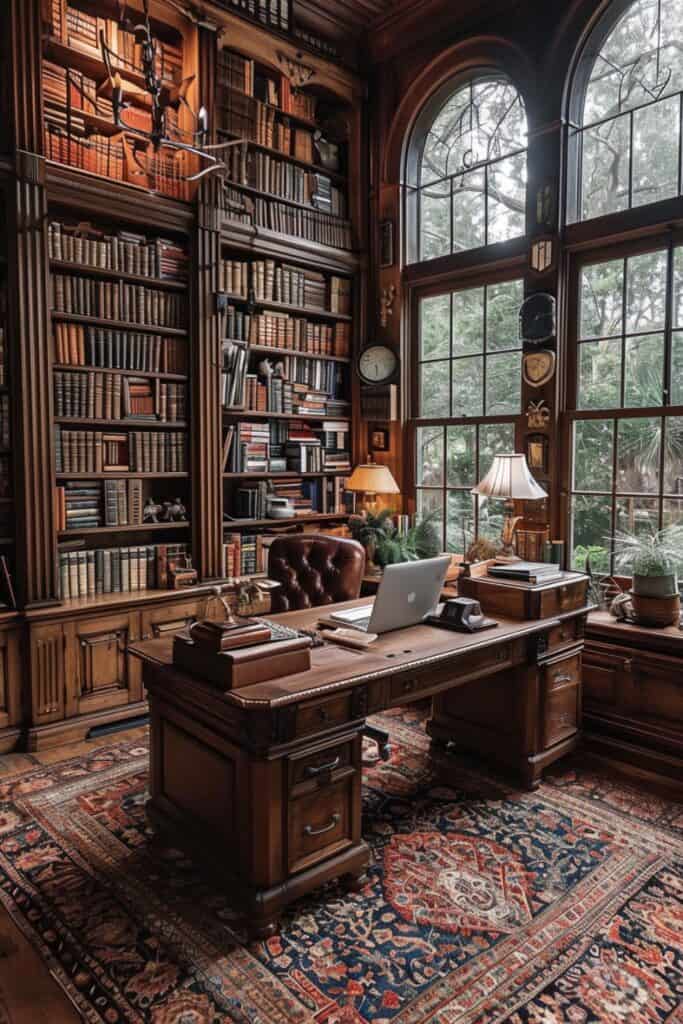 Vintage home office with an antique desk, classic bookshelves, and a cozy leather armchair
