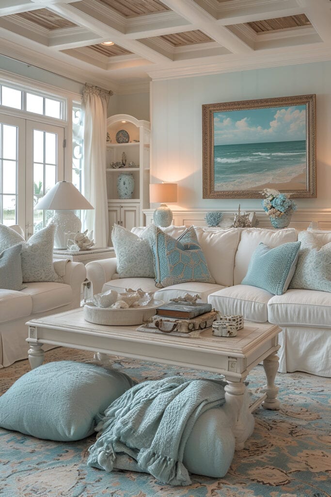 Vintage coastal living room with elegant furnishings and antique accents.