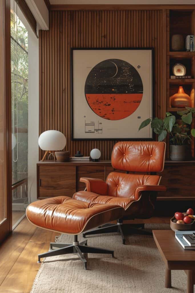 modern living room incorporating cherished vintage mid-century finds. Feature an authentic Eames lounge chair, a teak credenza, an abstract art lithograph, and slim-lined table lamps with mushroom shade silhouettes. These heritage pieces should meld seamlessly with new counterparts and be staged thoughtfully to avoid a dated look