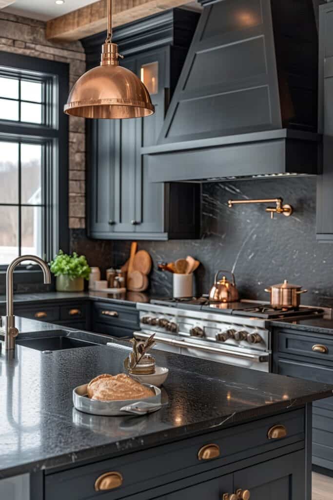 black granite countertops complemented by metallic accents like brushed gold hardware, copper pendant lights, or a stainless steel pot filler. These metallic elements should infuse warmth and luxury into the space, breaking the monotony and enhancing the richness of the black granite. The kitchen should exude a glamorous yet understated elegance