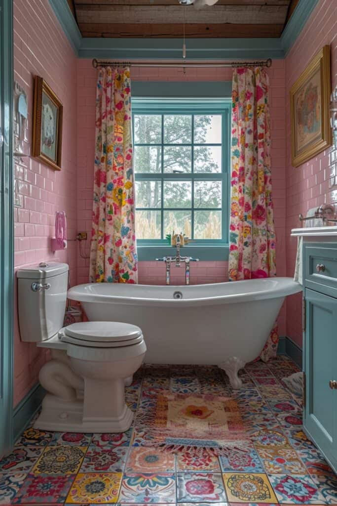 a bathroom filled with Whimsical Touches. Envision humorous bathroom rules signs, quirky sculptures, and colorful bath toys used as decorative elements. The space should radiate joy and playfulness, with each whimsical accent adding character and a fun, lighthearted atmosphere to the bathroom