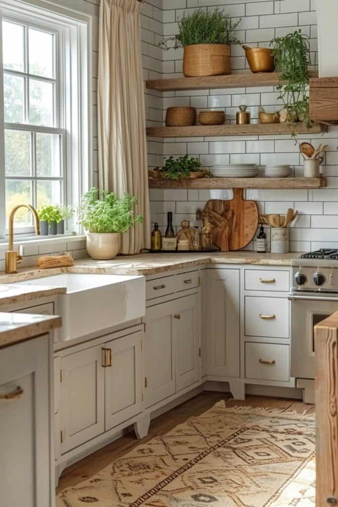 Coastal farmhouse kitchen with whitewashed cabinetry, brass hardware, and natural wood open shelves