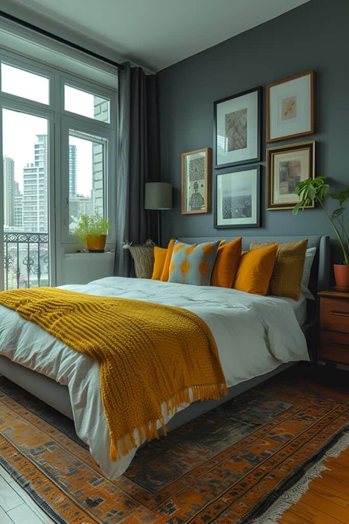 Gallery-style master bedroom with gray and yellow accents and modern art displays