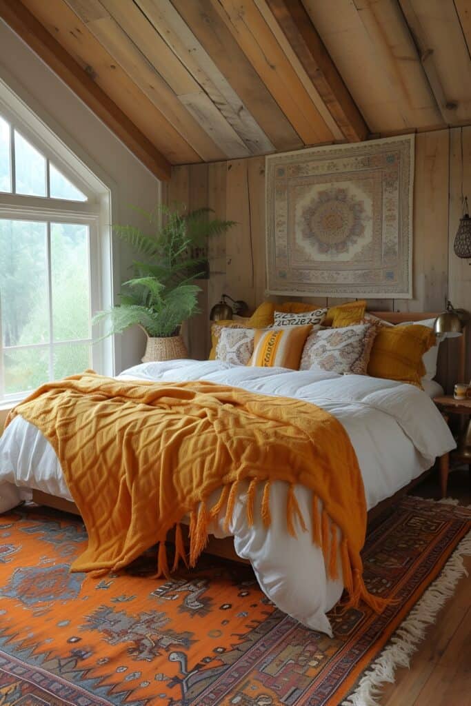 Bohemian master bedroom with yellow accents and eclectic gray tapestry