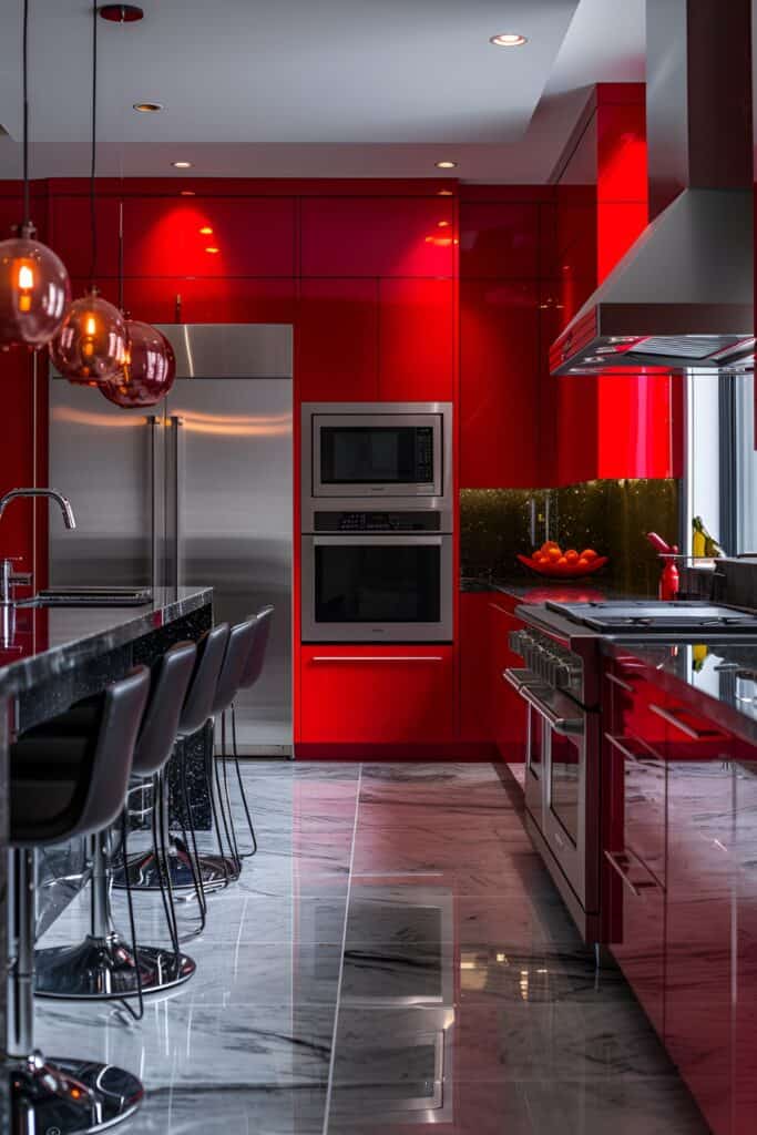 Vibrant kitchen with high-gloss red cabinets and black granite countertops