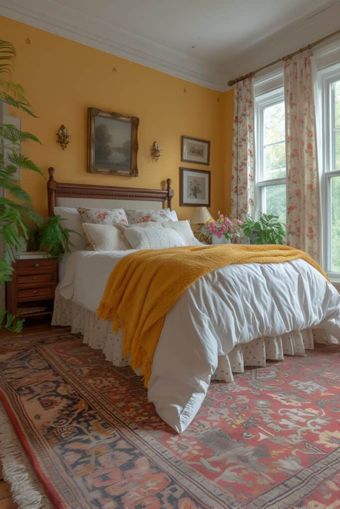 Classic master bedroom with pastel yellow walls and elegant gray decor