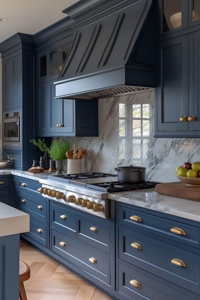 Elegant kitchen with navy blue cabinets, gold hardware, and marble countertops