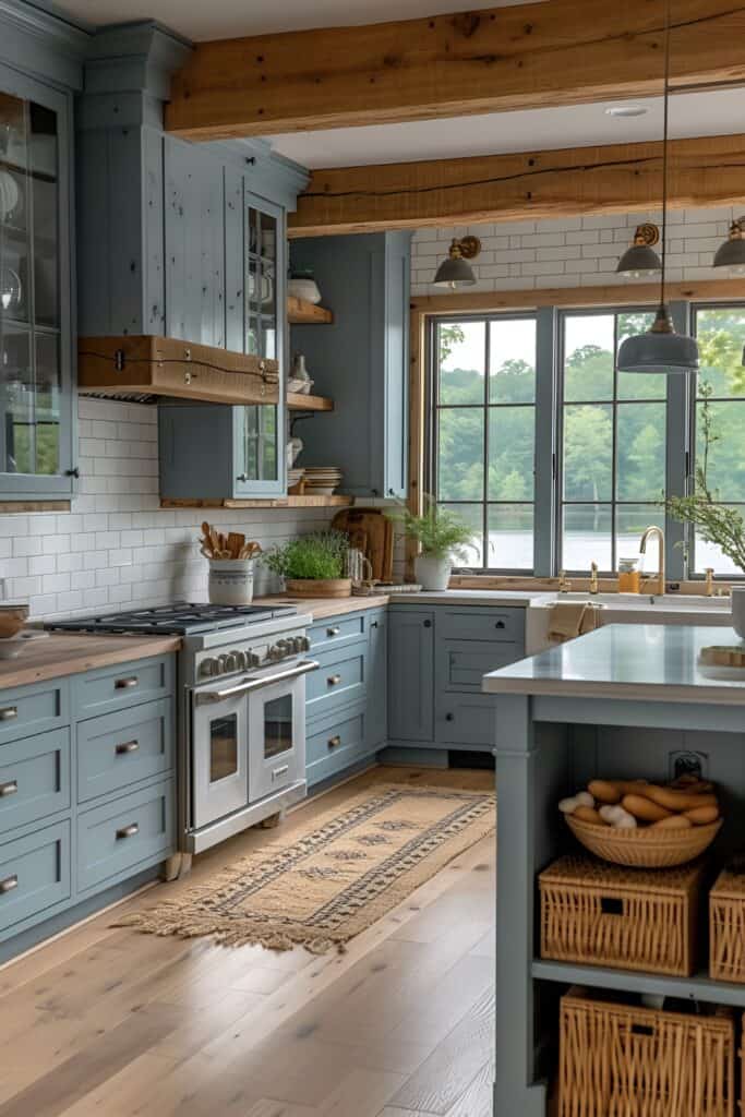 Beach-style kitchen with light blue shaker cabinets and brass hardware