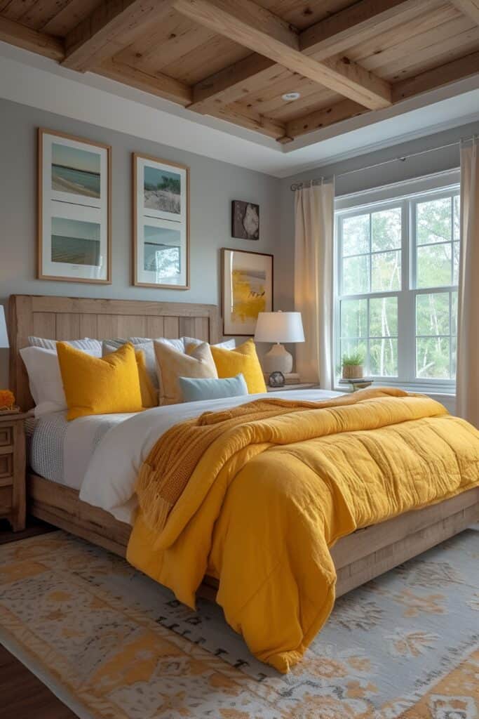 Coastal-inspired master bedroom with soft gray walls and sunny yellow bedding