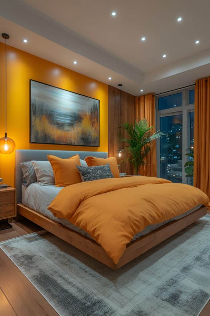 Contemporary master bedroom with a vibrant yellow wall and sleek gray furniture