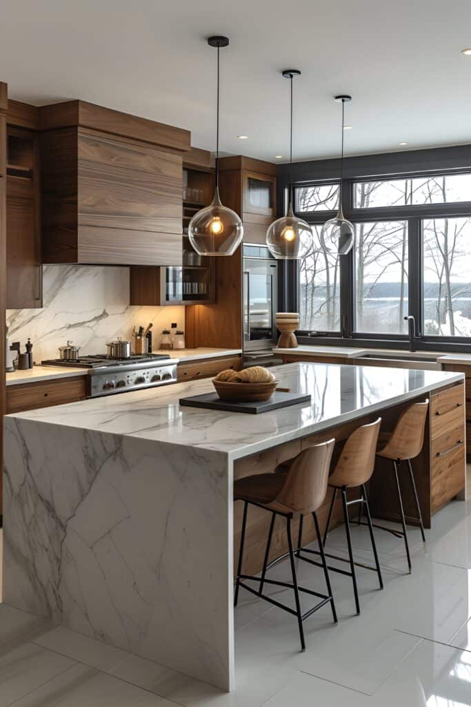 Modern kitchen with glass front cabinets, LED lighting, and classy tile backsplash