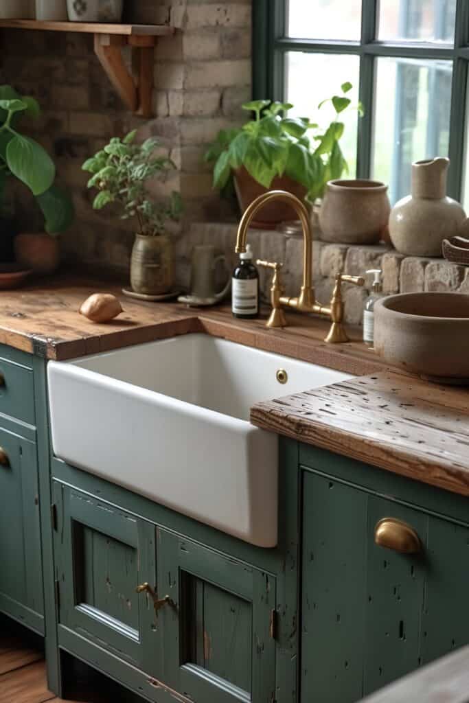 Country kitchen with distressed green cabinets, bronze hardware, and a white farmhouse sink