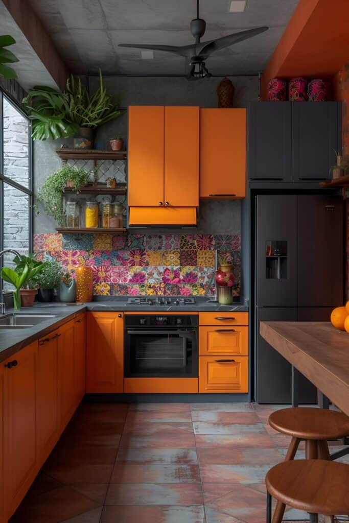 Artistic kitchen with colorful patterned cabinets and eclectic knobs