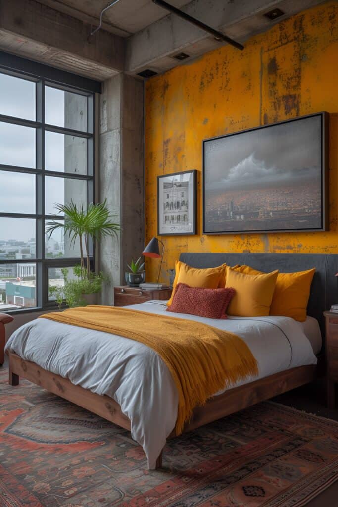 Industrial-style master bedroom with gray concrete walls and vibrant yellow decor