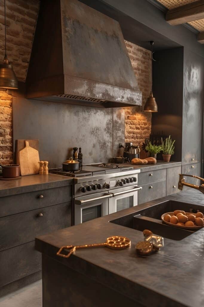 Industrial kitchen with concrete cabinets and metal accents against an exposed brick wall