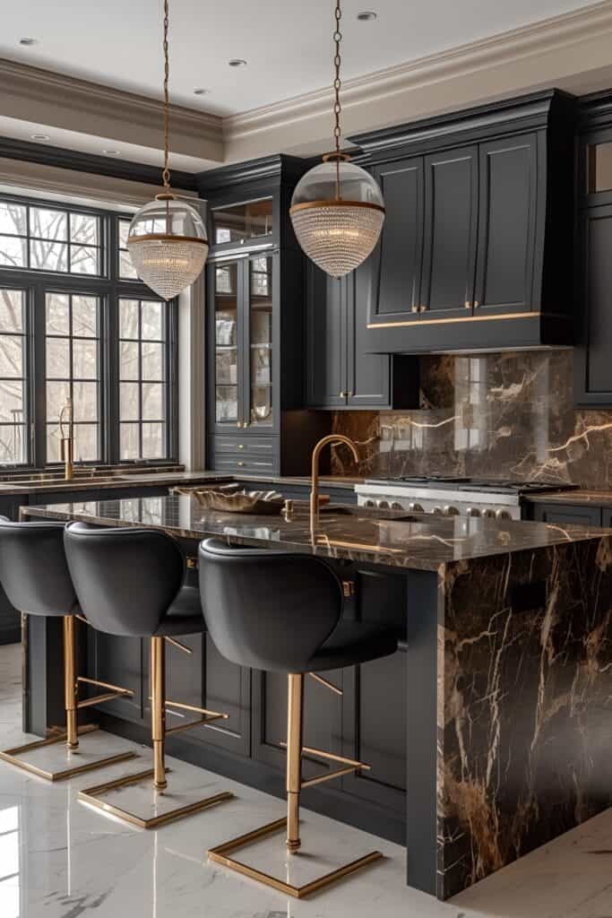 Luxurious kitchen with mirrored cabinet doors, black marble countertops, and gold trim