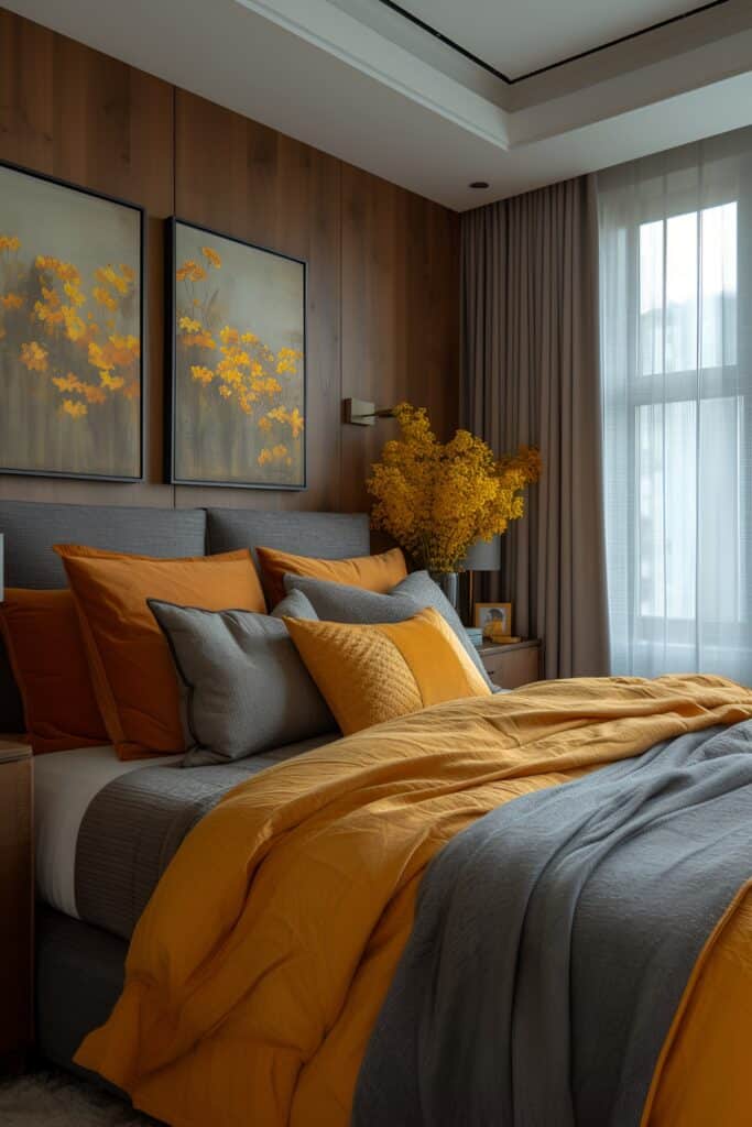 Modern luxurious master bedroom with deep gray tones and sunny yellow accents