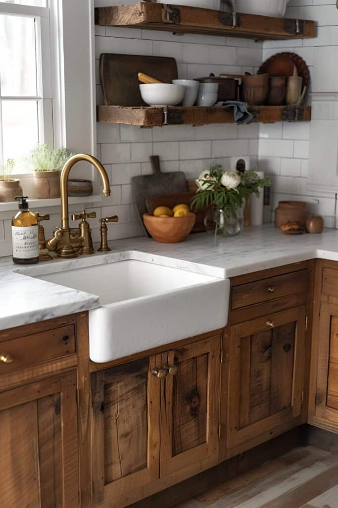 Rustic kitchen with reclaimed wood cabinets, vintage brass handles, and a farmhouse sink
