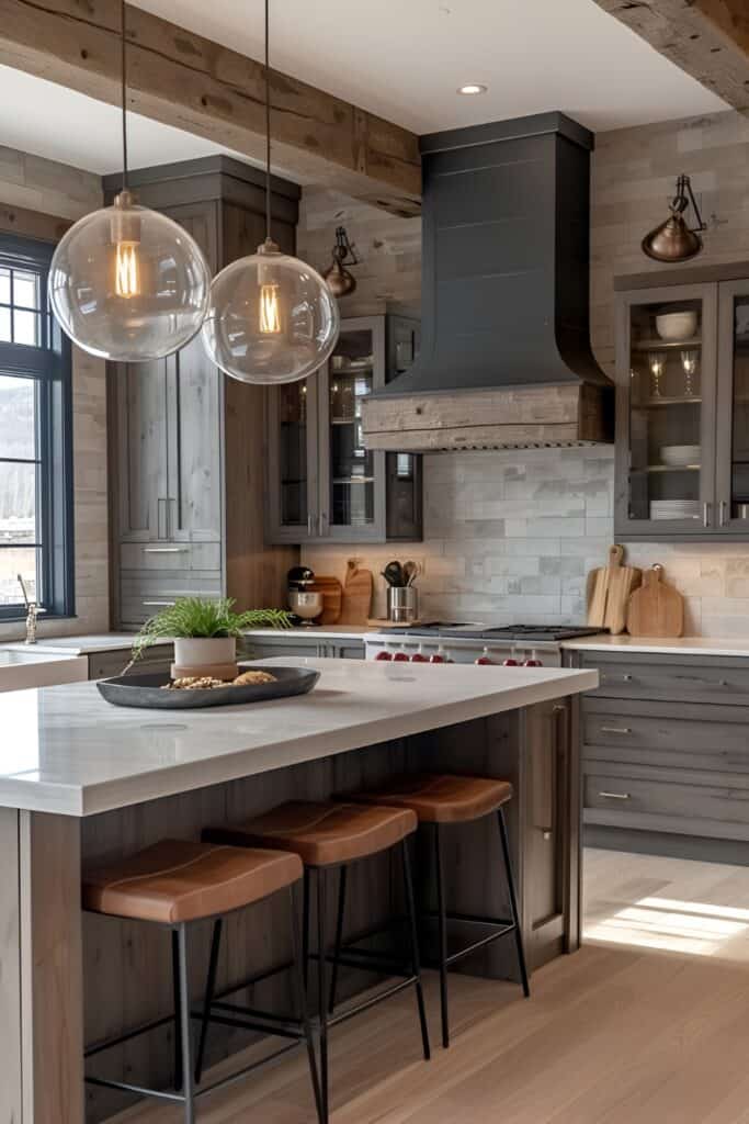 Urban kitchen with two-toned grey cabinets, glossy white countertops, and stainless steel hardware