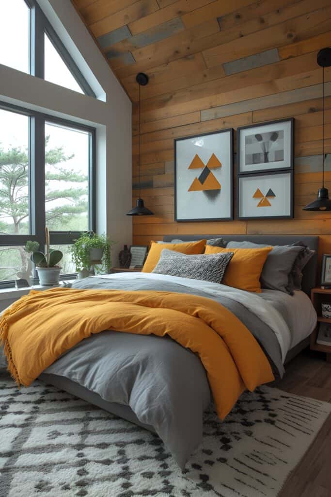 Master bedroom with gray and yellow geometric accents, modern furniture, and natural lighting
