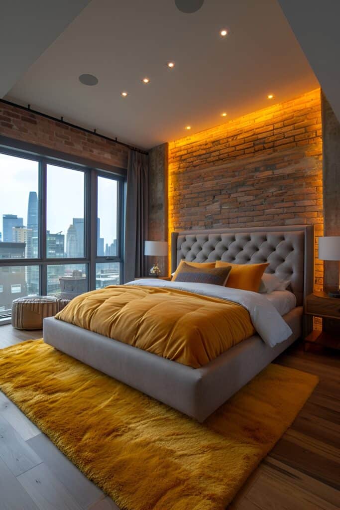 Urban loft-style master bedroom with bold yellow accents and industrial gray furnishings