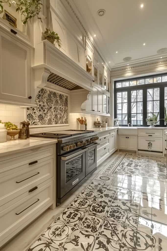 Traditional kitchen with antique white cabinets, glass panel doors, and ornate moldings