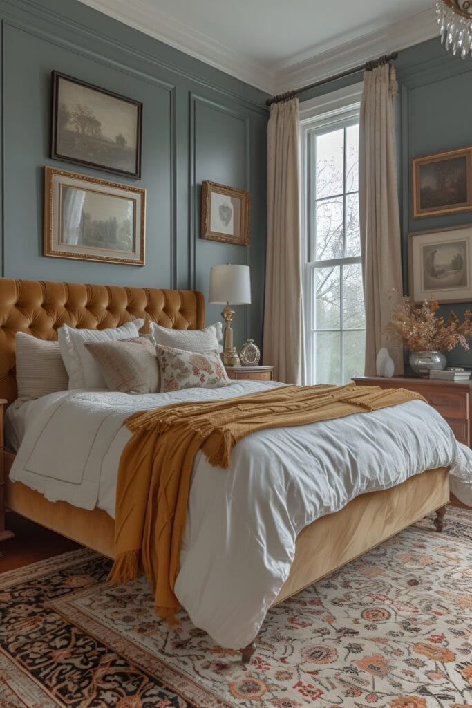 Vintage-inspired master bedroom with gray elegance and yellow velvet accents
