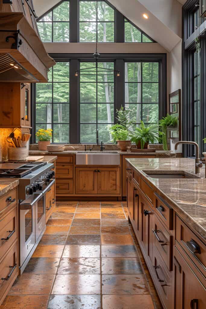 Traditional kitchen with cherry wood cabinets, brass hardware, and terracotta tile floor