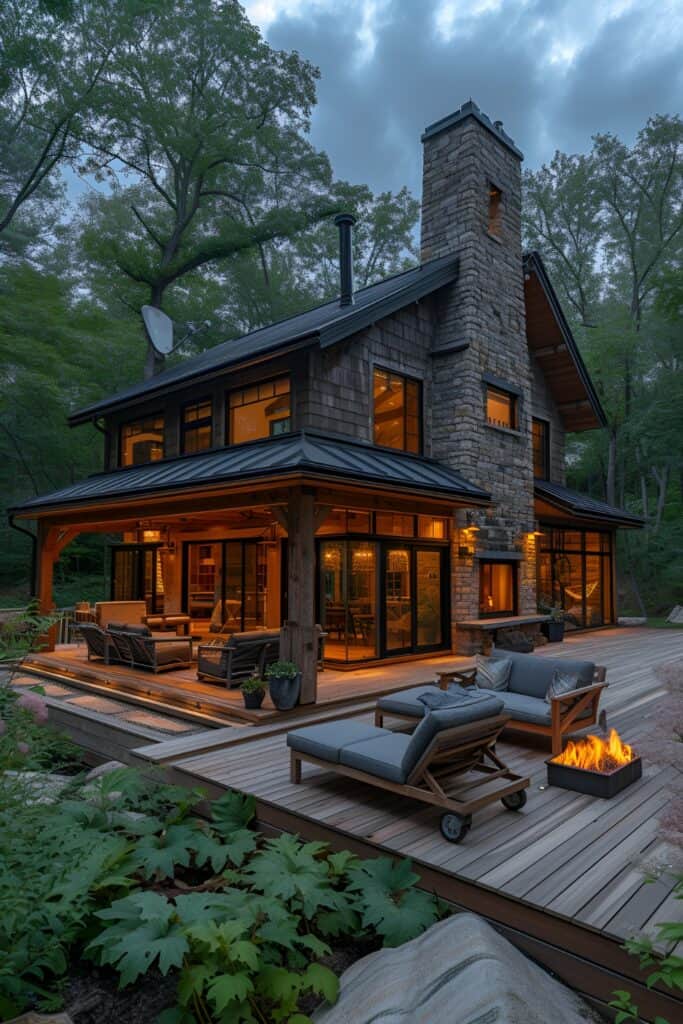 Cozy rustic back porch with wooden deck and outdoor fireplace surrounded by greenery