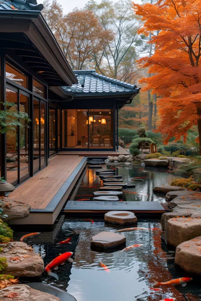 Zen meditation corner on back porch with bamboo mats and a serene koi pond