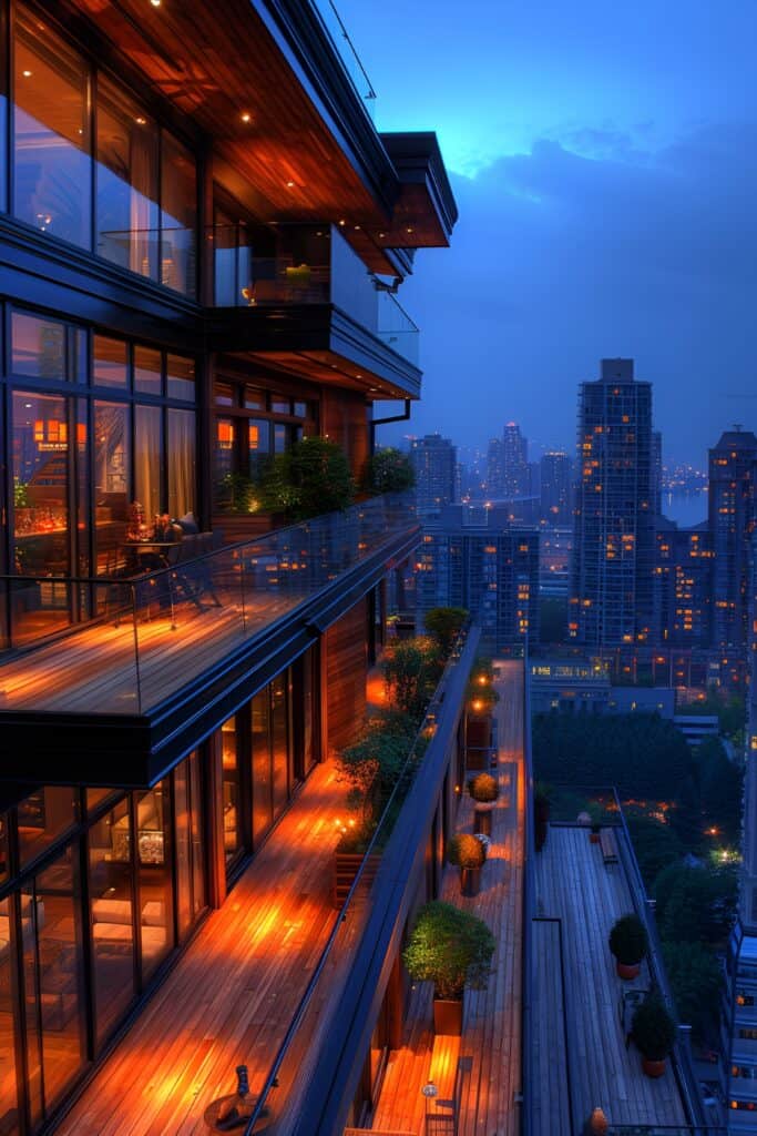 Urban chic terrace on back porch with modern glass railings and rooftop city view at night