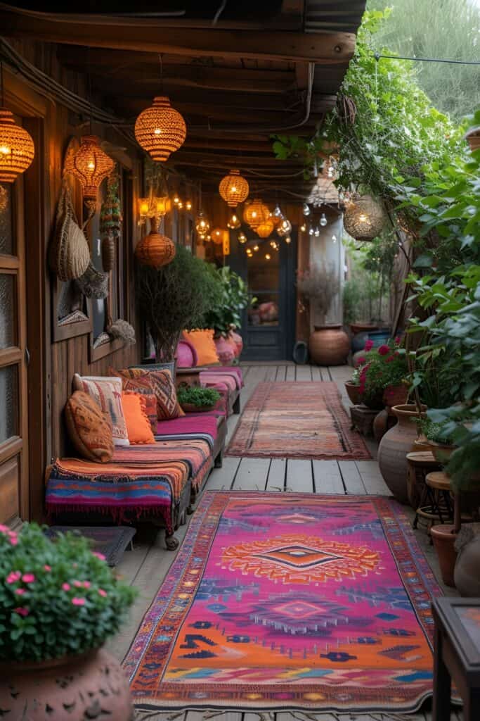 Vibrant garden party themed back porch with colorful rugs and hanging lights