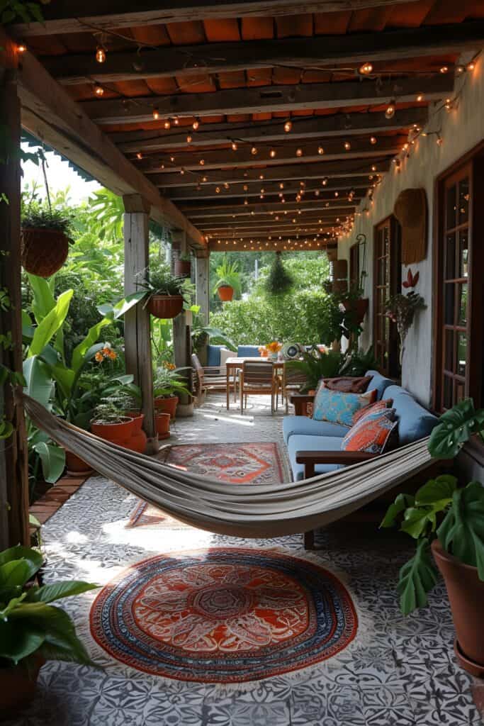 Bohemian chic back porch with an outdoor hammock and tropical plants