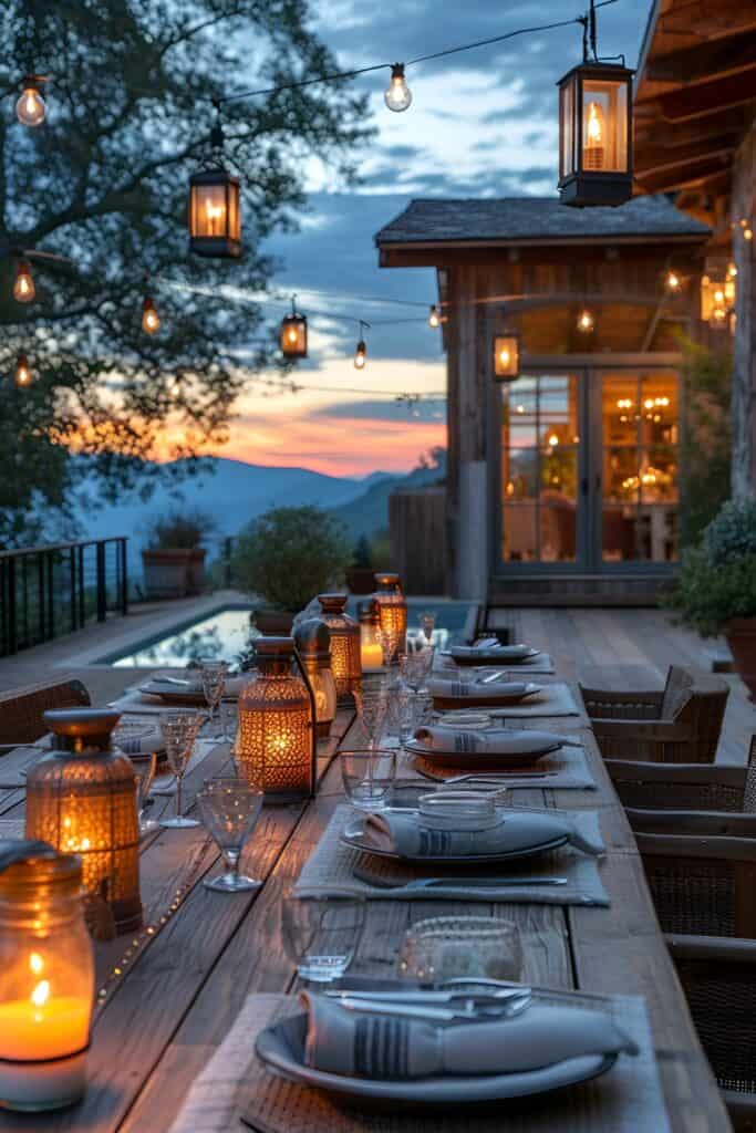 Elegant back porch with string lights and LED candles creating a magical twilight ambiance