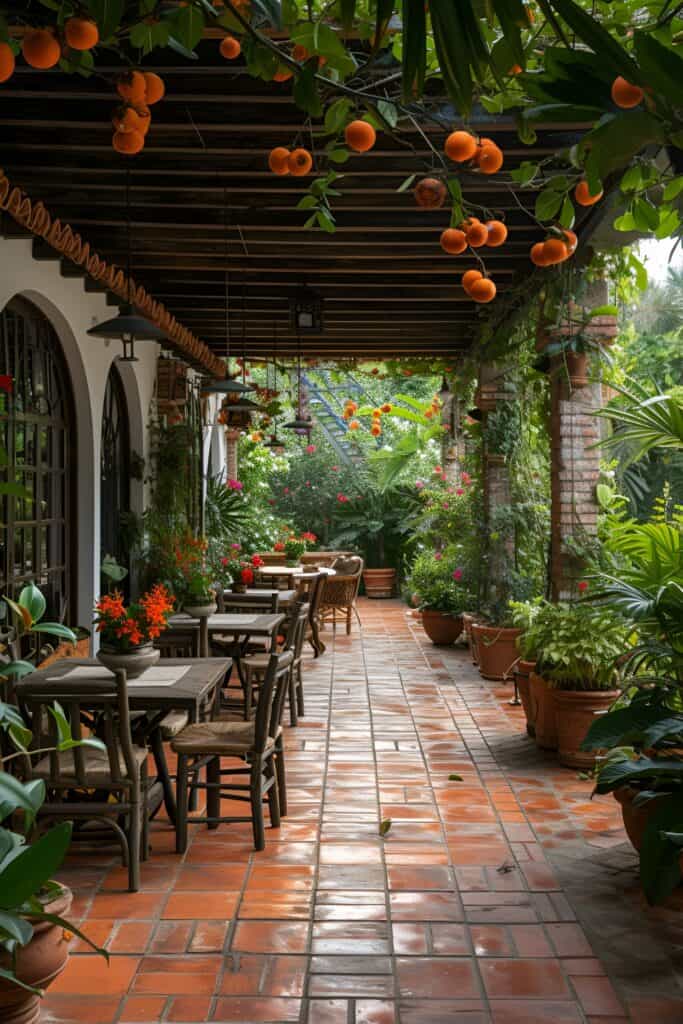 Sun-soaked back porch with Mediterranean design, featuring terracotta tiles and climbing vines